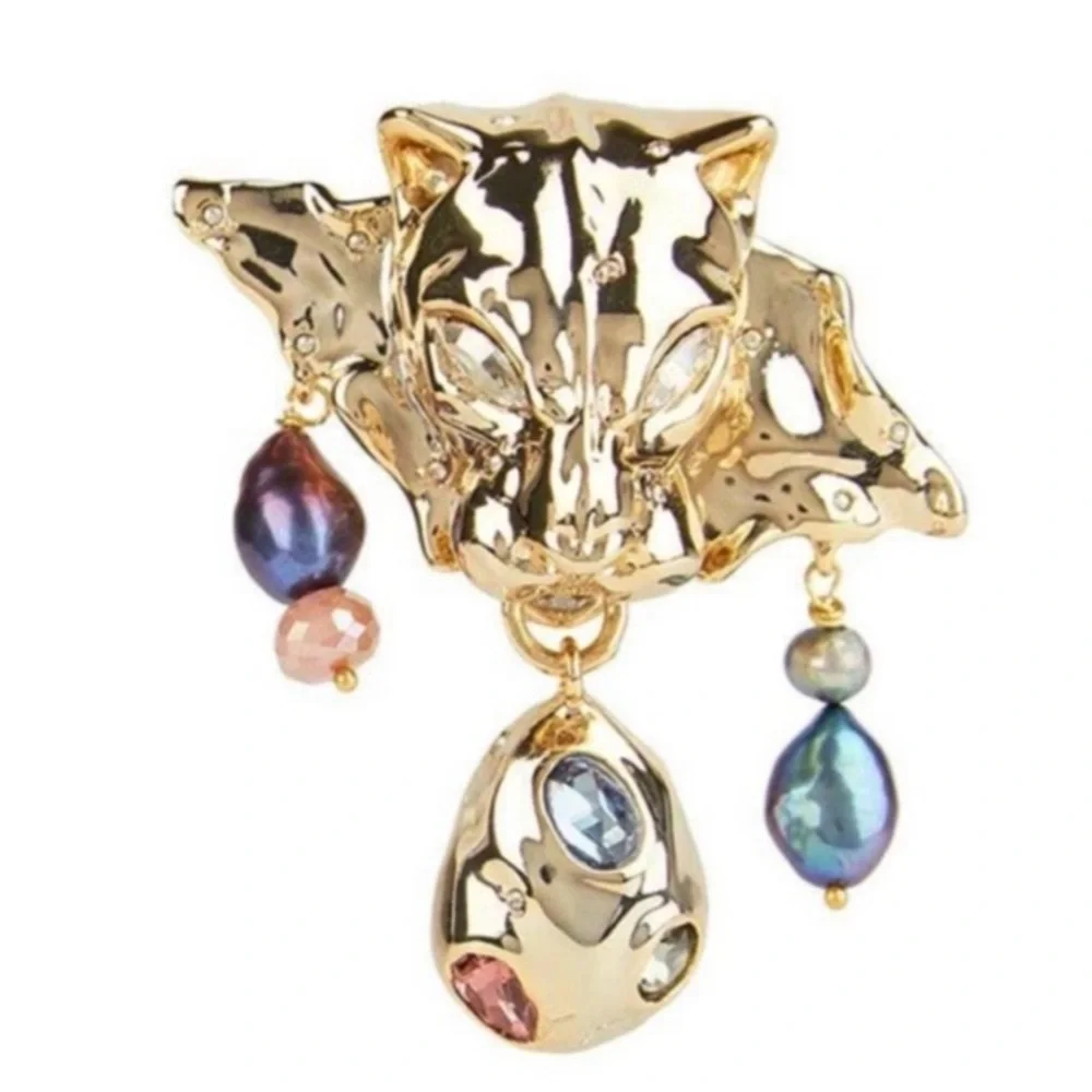 ALEXIS BITTAR • Gold Molten Crumpled Panther Head Green Rose Blue Pink Necklace